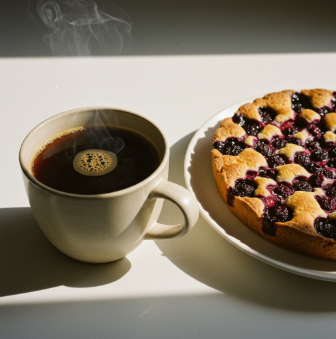 Xícara de café ao lado de um bolo com frutas vermelhas